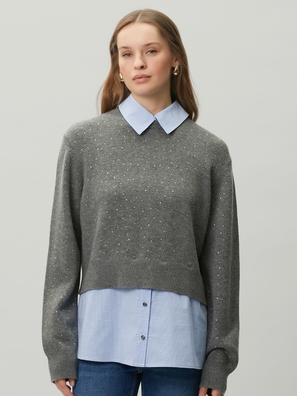 Embellished Gray Crewneck Sweater